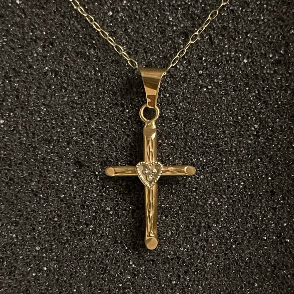 Gold Cross Crucifix Necklace with Heart Accent